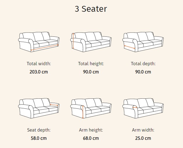 Matinee Black-Silver 3 Seater Sofa-Dimensions