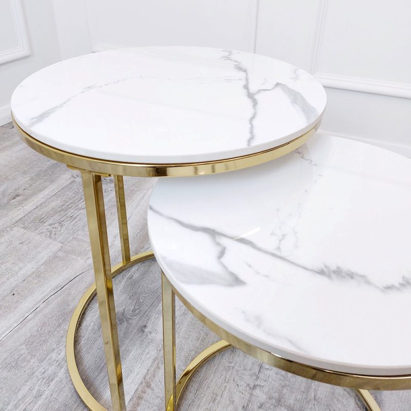 Cato Nest of 2 Tall Gold End Tables with Polar White Sintered Stone Tops - Image 3