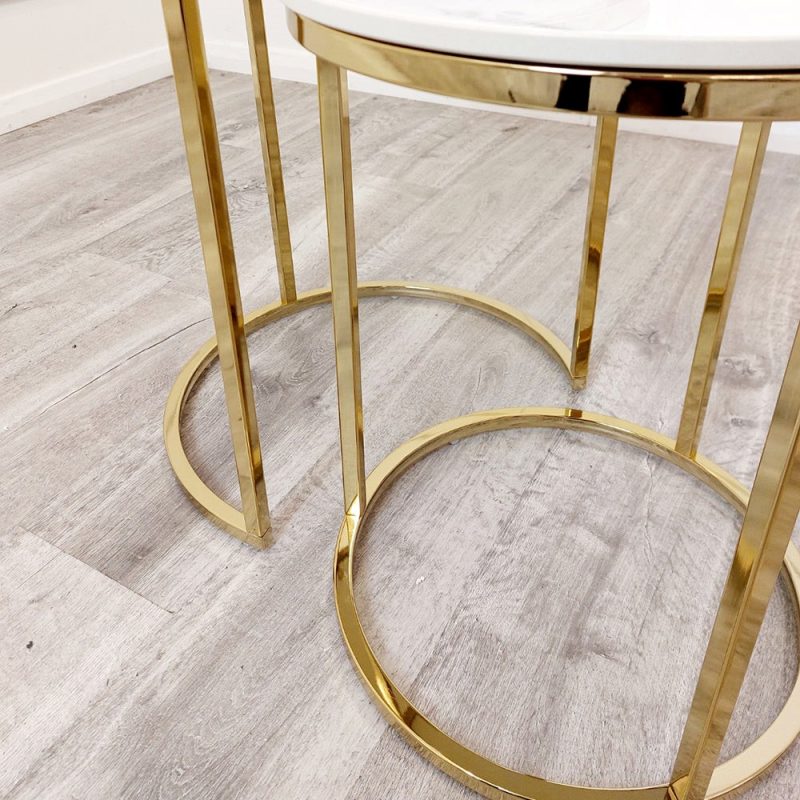 Cato Nest of 2 Tall Gold End Tables with Polar White Sintered Stone Tops - Image 4