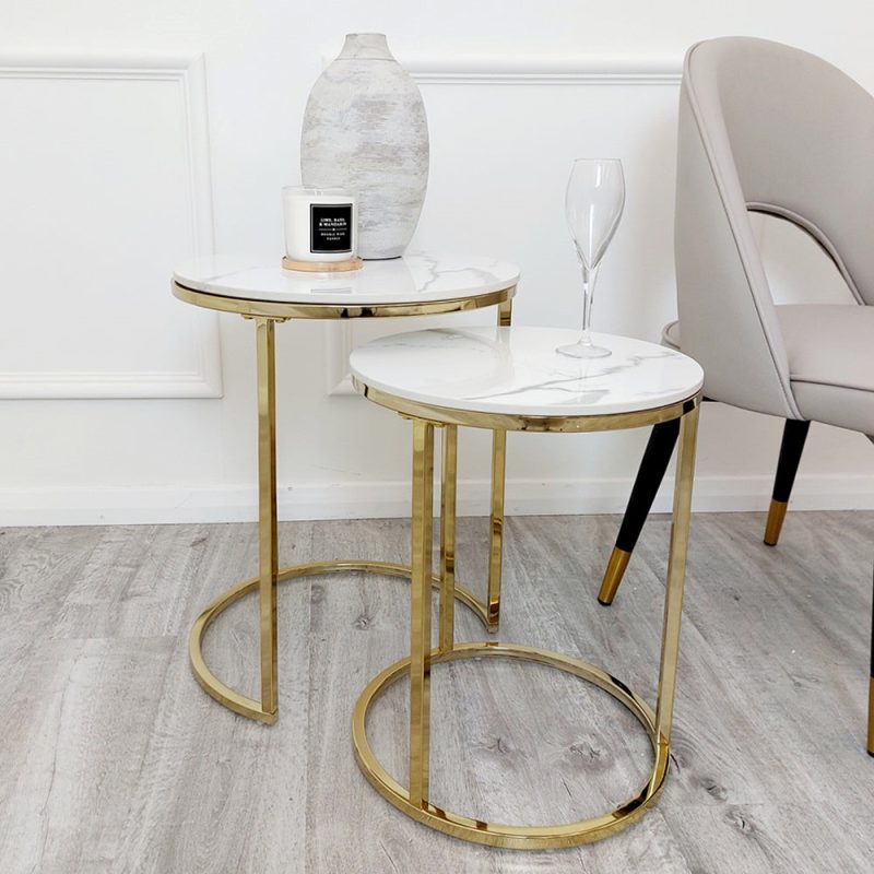 Cato Nest of 2 Tall Gold End Tables with Polar White Sintered Stone Tops - Image 5