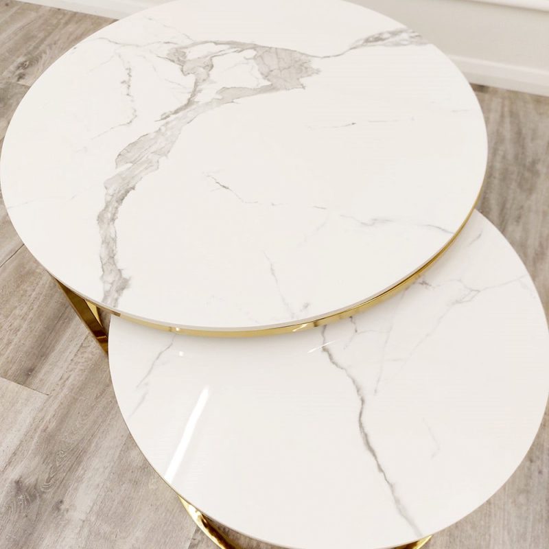 Cato Nest of 2 Short Round Coffee Gold Tables with Polar White Sintered Stone Tops - Image 3