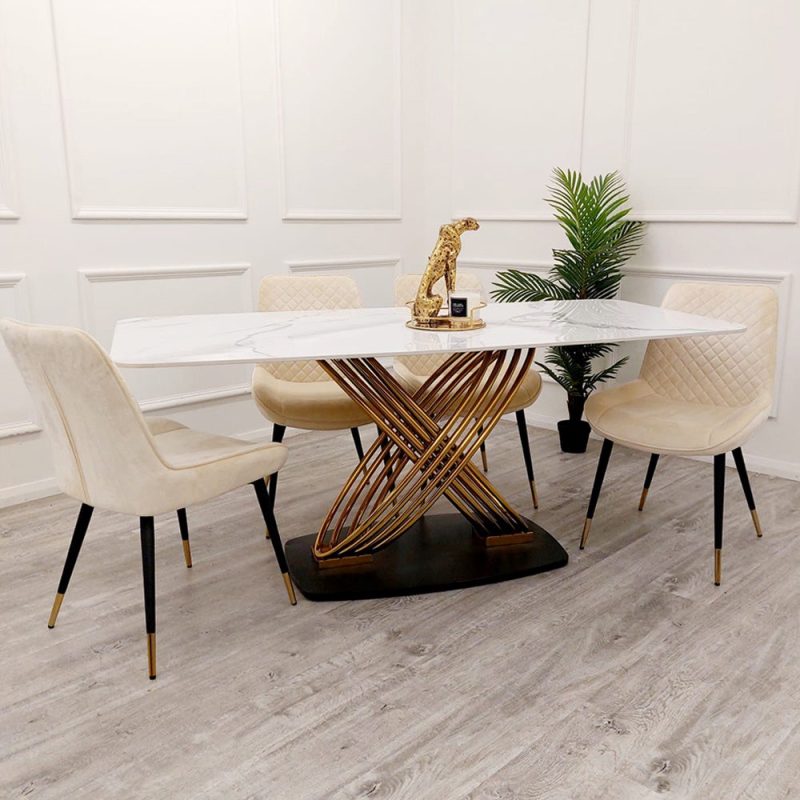 Orion 1.8m Gold Dining Table with Polar White Sintered Marble Top - Image 9