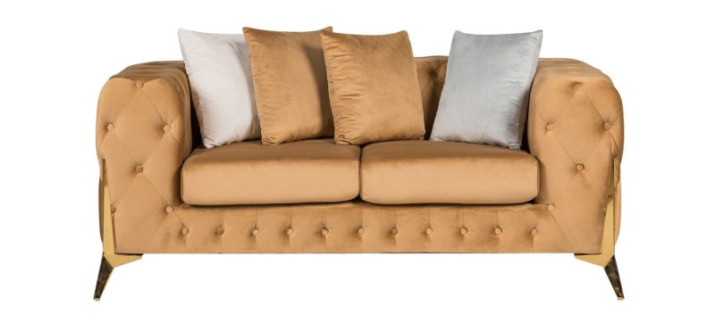 Matrix 2 seater plush velvet sofa coffee colour. Tufted sofa with chrome gold legs.