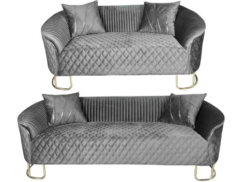chelsea 3+2 sofa set. Stitched design with golden streaks on two cushions. Golden round legs.