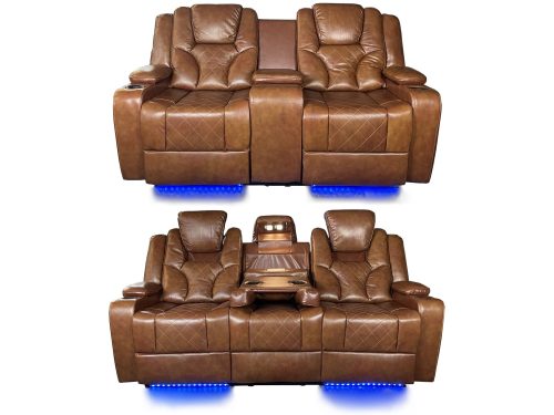 Amsterdam 3+2 Genuine leather electric LED reclining sofa. Brown leather with blue LED lights underneath seats.