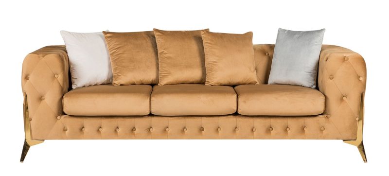 Matrix 3 seater plush velvet sofa coffee colour. Tufted sofa with chrome gold legs.