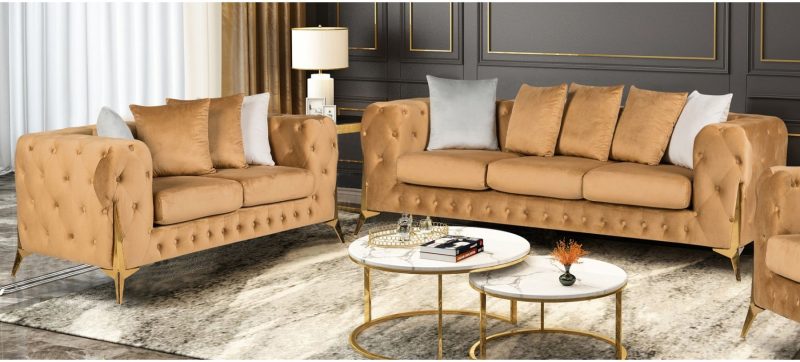 Matrix 3+2 plush velvet sofa coffee colour. Tufted sofa with chrome gold legs.