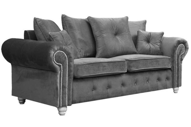 Olympia 3 seater plush velvet grey. Buttoned arms 4 legs with scatter cushions.