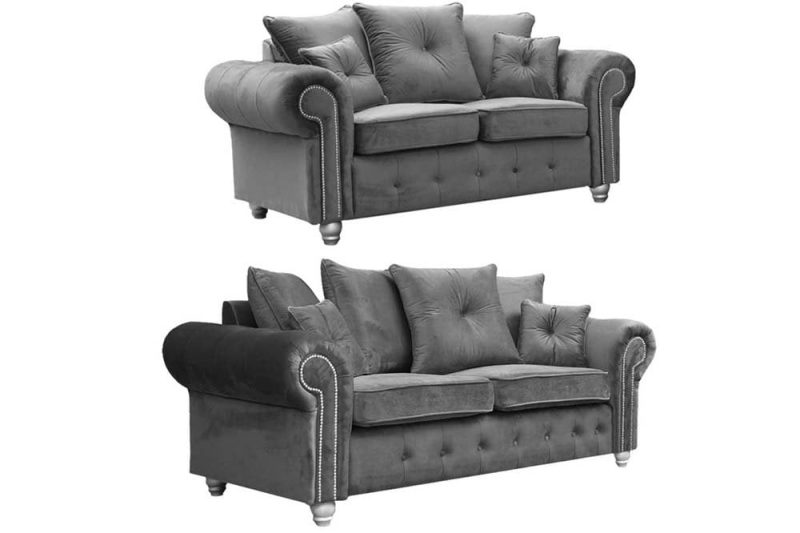 Olympia 3+2 Plush Velvet grey sofa set. Button arms and 4 legs.