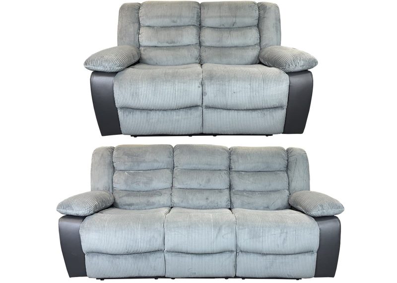 Rio 3+2 Recliner Sofa Grey cord fabric. 3 seater and 2 seater. With black leather arm chairs.