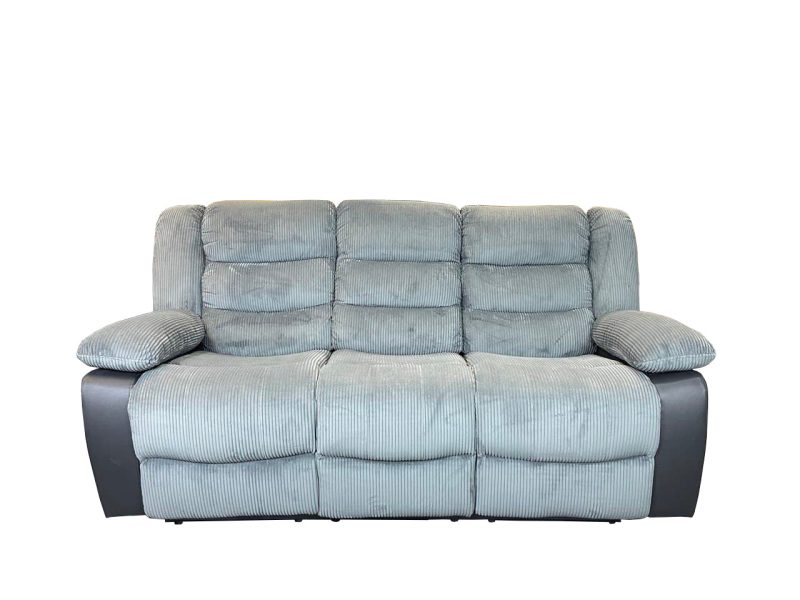 Rio 3+2 Recliner Sofa Grey cord fabric. 3 seater and 2 seater. With black leather underneath the arms and side.