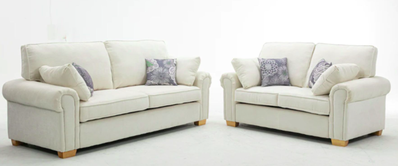 Kylie 3+2 full back sofa set in cream colour. with 4 wooden feet.