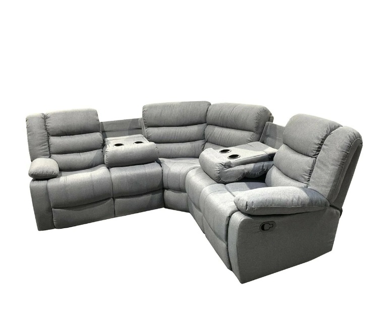 Sorrneto fabric recliner corner sofa in grey with cupholders.